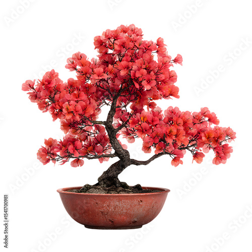 Red blossom bonsai tree isolated on transparent background