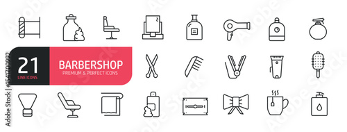 Set of line icons related to barbershop, blade, perfume, hair gel. Outline icons collection. Editable stroke. Vector illustration.