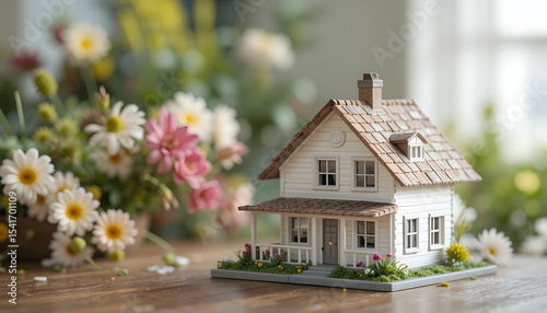 Title: Miniature House Model on Wooden Surface with Surrounding Flowers, Concept of Home Sweet Home and Cottage Charm