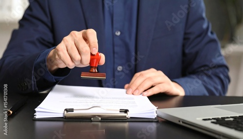 Business holding rubber stamp document approval verification. Corporate executive legal papers with official stamp document authentication. Notary service provider certify important business contract