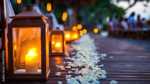 Romantic outdoor wedding aisle lanterns candles petals at night