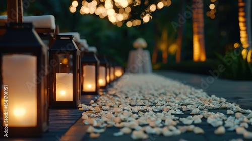Outdoor wedding ceremony pathway lined with lanterns and petals at twilight