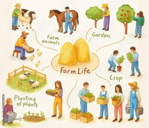 Vibrant Farm Life Illustration Depicting Rural Activities  Farmers Cultivating Crops Planting Plants Raising Animals Hay Bales