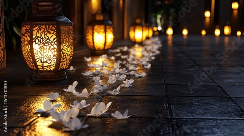 Night pathway, lanterns, flowers, warm lighting, courtyard