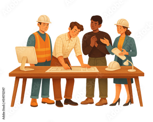 Diverse Team of Architects and Engineers Collaborate on Blueprint Drawings at Wooden Table