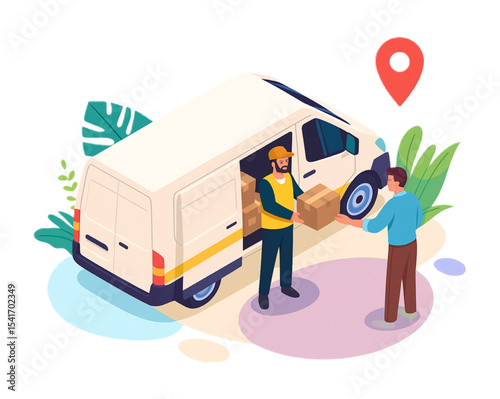 Fast Delivery Service Illustration Featuring Courier Delivering Packages to Customer Using Van