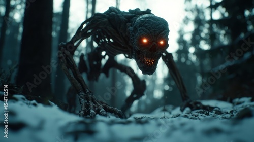 Skeletal creature stalking snowy forest