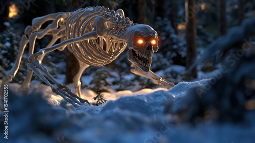 Skeletal beast prowls snowy forest at night