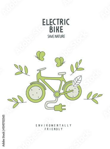 Vector hand drawn sketch of electric bicycle. Environmentally friendly planet illustration. Alternative energy in the green city  concept.Think Green.  