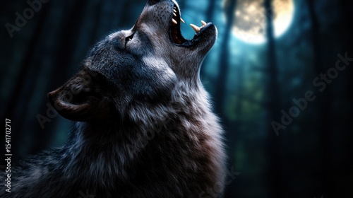 Howling wolf in mystical forest at night with full moon