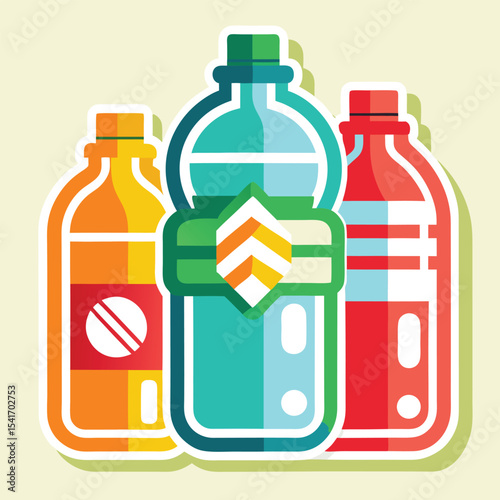 Central Green Bottle with Shield Emblem Among Orange and Red Companions