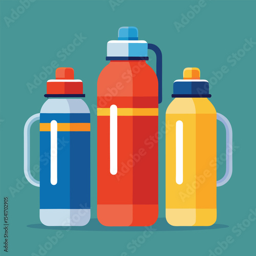Three Insulated Water Bottles in Blue, Red, and Yellow on a Teal Background