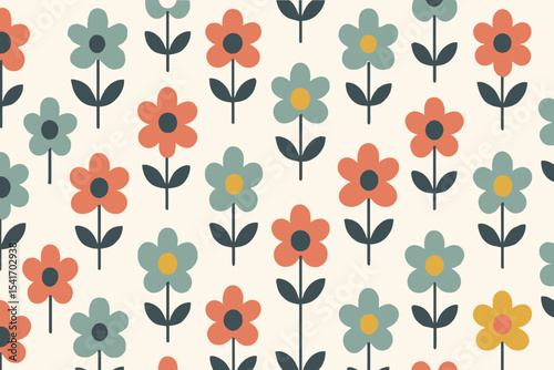 Seamless pattern of retro style flowers in coral teal and gold
