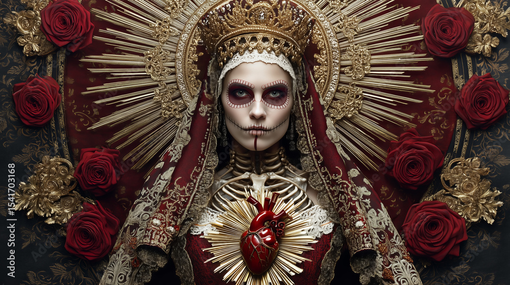 Obraz premium Gothic queen figure with hollow eyes, pale makeup, wearing ornate red/gold attire, crown, roses. Features exposed ribcage and anatomical heart. Dark religious iconography.