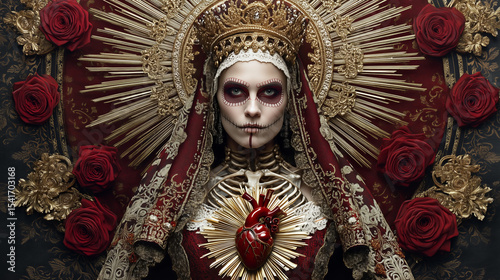 Gothic queen figure with hollow eyes, pale makeup, wearing ornate red/gold attire, crown, roses. Features exposed ribcage and anatomical heart. Dark religious iconography.