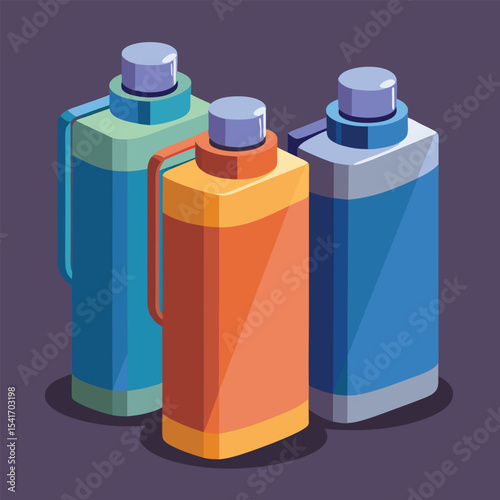 Three Colorful Insulated Thermos Bottles Stand Upright Against a Purple Backdrop