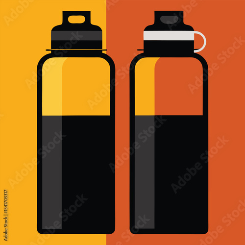 Dual Hydration: Black Water Bottles with Distinct Lids and Visible Fill Levels on a Split Orange-Yellow Background