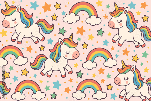 Cute rainbow unicorns and stars pattern background