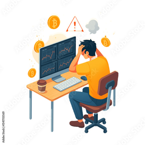 Stressed Bitcoin Trader Reviewing Cryptocurrency Market Charts Showing Financial Losses on Multiple Screens