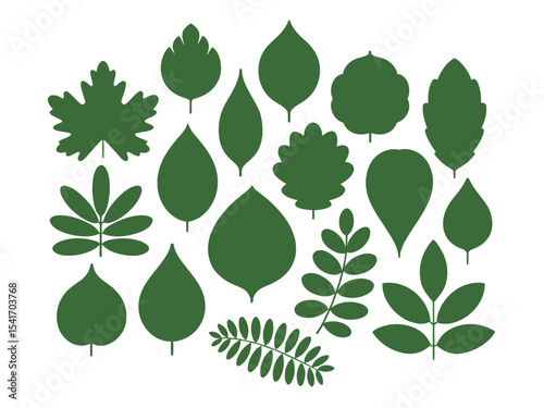 Flat Green Leaf Icon Set. Assorted Botanical Silhouettes in Vector Design