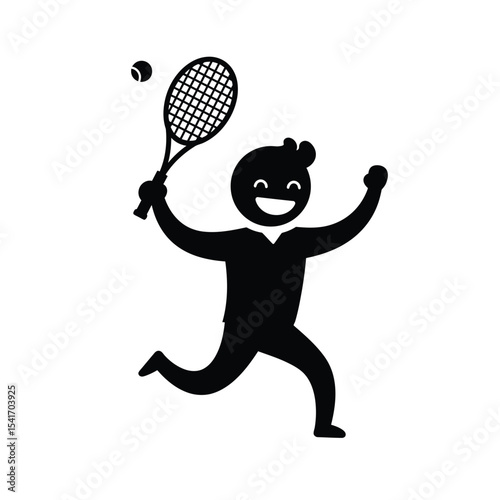 Black Silhouette Smiling Tennis Player Running Vector