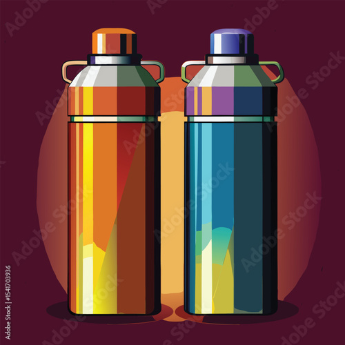 Insulated Thermos Duo: Orange Bottle with Orange Lid and Blue Bottle with Purple Lid on Dark Background