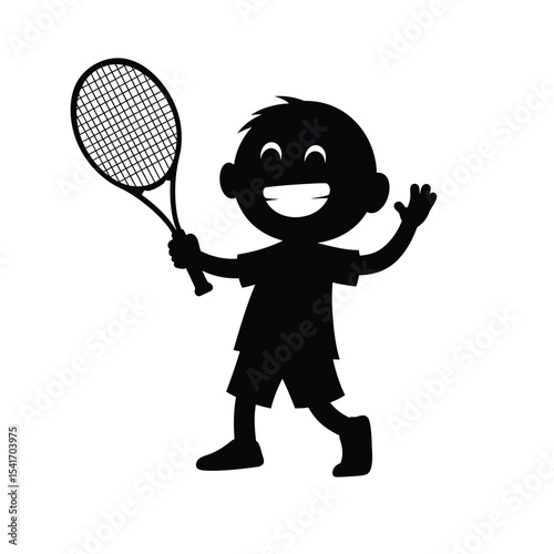 Black Silhouette Smiling Boy Tennis Racket Vector child