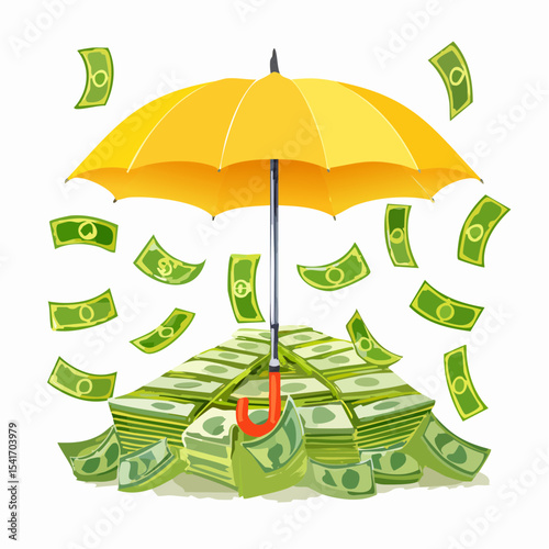 A yellow umbrella protecting a large pile of money from falling currency.