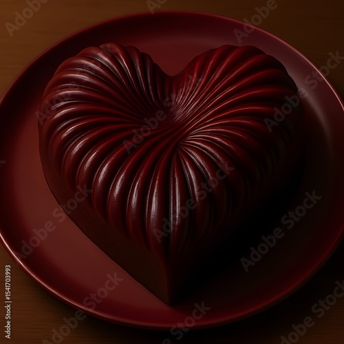 Heart-Shaped Chocolate Cake with Intricate Swirls on a Red Plate Under Soft Lighting. heart-shaped chocolate