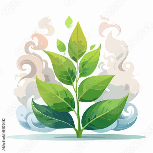 A vibrant green plant sprouts amidst swirling smoke and clouds, symbolizing growth and resilience.
