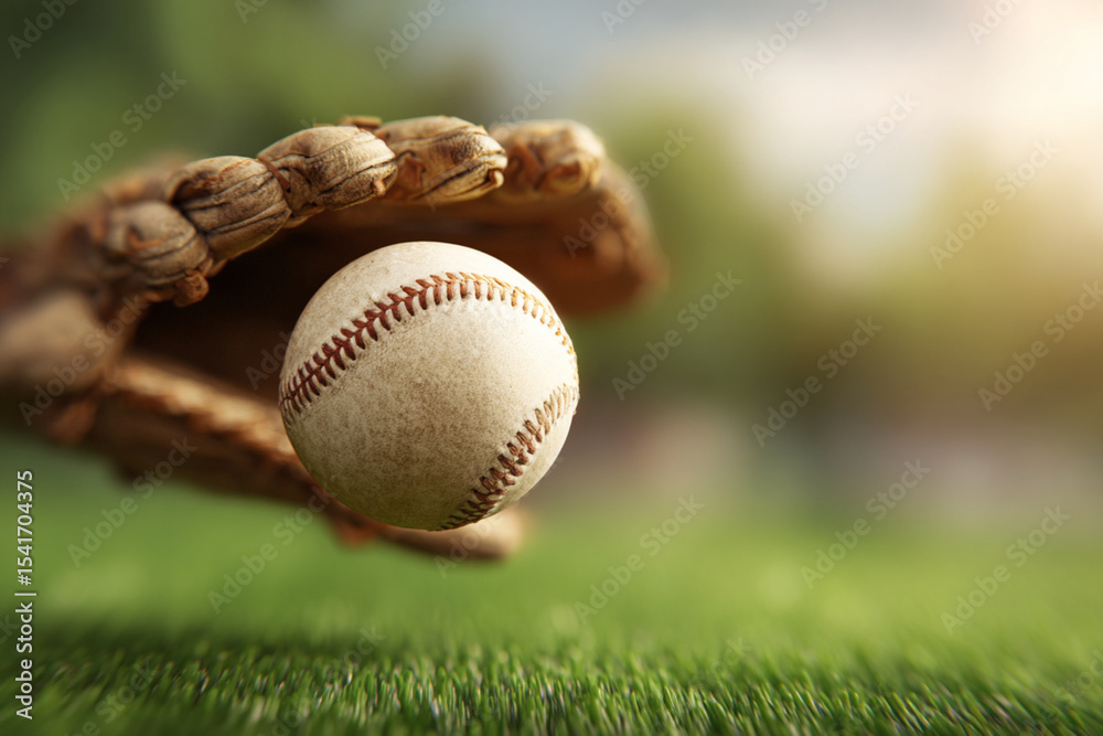 Baseball being caught by a glove on a sunny day in a green park with blurred background Baseball being caught by a glove on a sunny day in a green park with blurred background