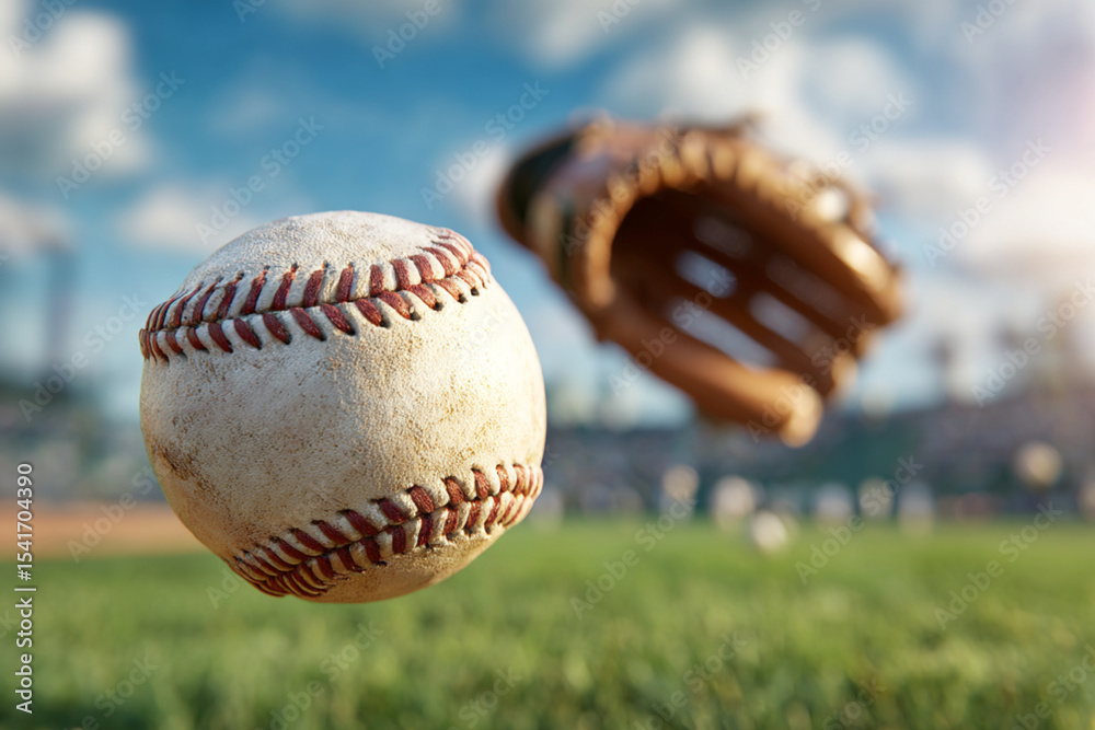 Baseball sails through the air towards an outstretched glove on a bright day at the ballpark Baseball sails through the air towards an outstretched glove on a bright day at the ballpark