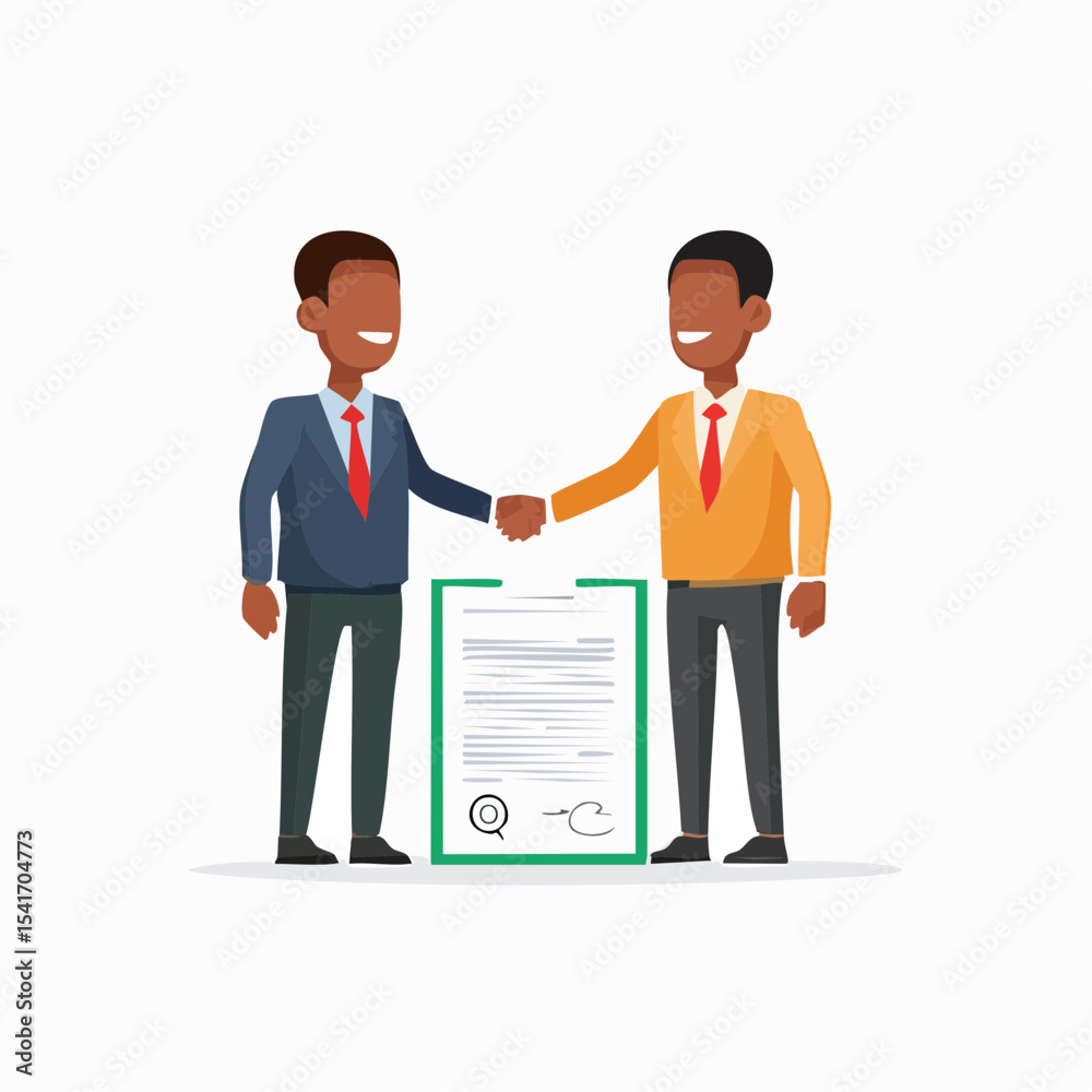 Obraz premium Two businessmen shaking hands in front of a signed contract, symbolizing agreement and partnership.