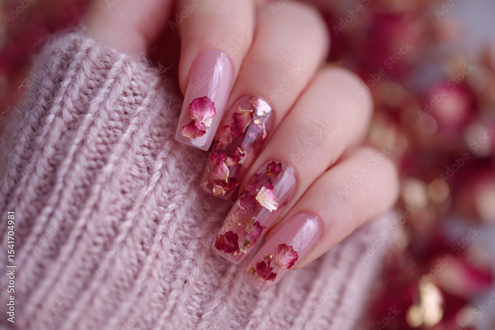 Elegant floral nail art with pressed flowers and warm cozy sweater in a soft setting Elegant floral nail art with pressed flowers and warm cozy sweater in a soft setting