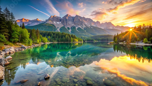 A serene mountain lake with crystal-clear water reflecting the surrounding peaks and a vibrant sunrise. The image is perfect for nature, travel, and tranquility