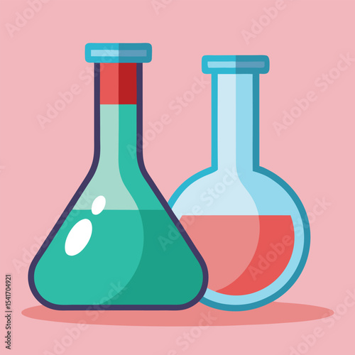 Laboratory Scene: Left Flask with Green Liquid, Right Beaker with Red Liquid