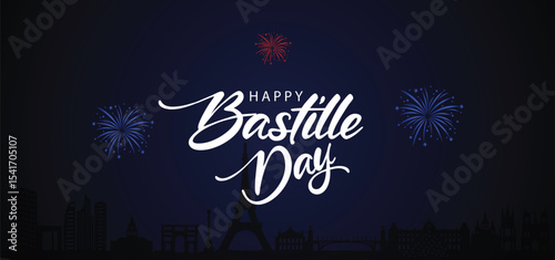 Bastille Day 14 July cityscape with fireworks vector poster