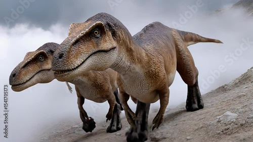Dynamic dinosaur duo racing through misty terrain highlighting prehistoric adventure