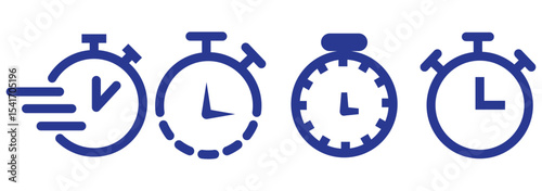 Timer icon set. Alarm clock symbol. Watch countdown vector illustration. Stopwatch sign. Hours, minutes and seconds concept. Simple express pictogram outline collection.