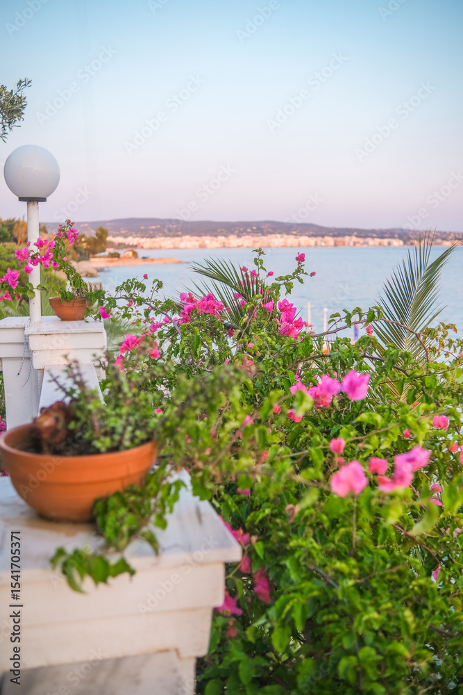 Naklejka premium Bougainvillea and potted plant on coastal balcony with sea view in Greece