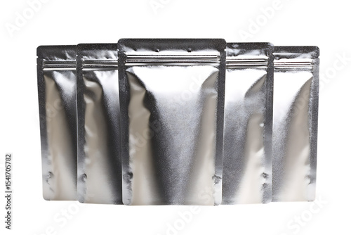 Four silver foil stand up pouches isolated on transparent background