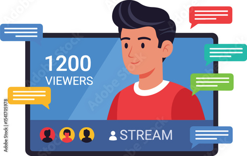 ocial media live streaming concept – person going live with viewer count, chat bubbles. Flat illustration, white background