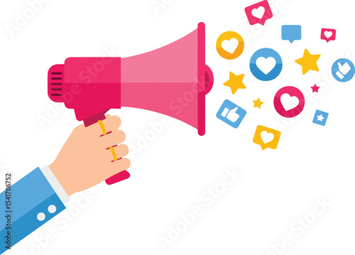 Original name(s): Social media marketing concept – hand holding megaphone with flying icons (like, heart, star). Flat vector, white background