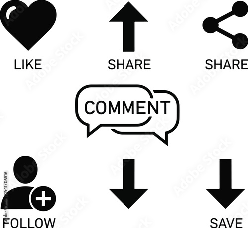 Minimal social media app icons (like, share, comment, follow, save) in clean flat vector style, black on white background