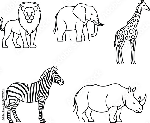  Line-style wild animals icon set – lion, elephant, giraffe, zebra, rhino. Thin black outlines on white.
