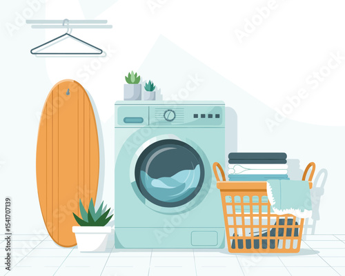 Clean Laundry Room Vector Illustration Surfboard, Plants, Washer
