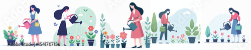 vector character woman watering flowers