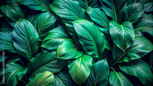 Tropical green leaves texture with dark tone processing, abstract nature pattern background, green, leaves, tropical, texture