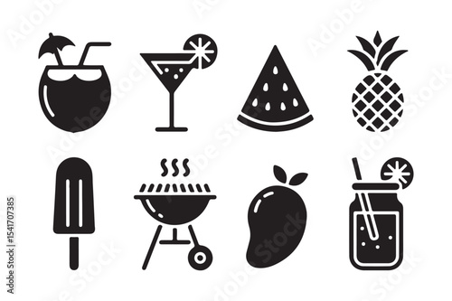 Summer themed food and drink icons isolated on white background