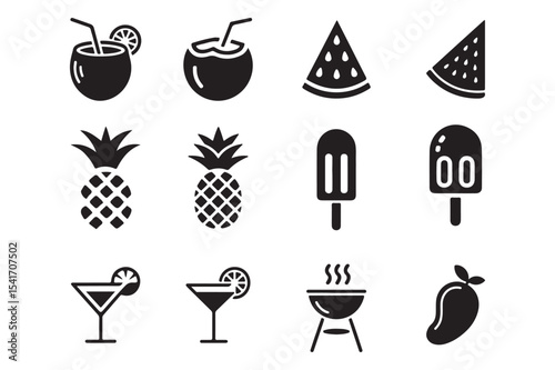 Summer icons of tropical fruits and drinks isolated on white background